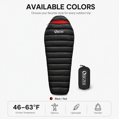 QEZER 650FP Four-Season Mummy Down Sleeping Bag for Camping, Hiking &amp; Backpacking