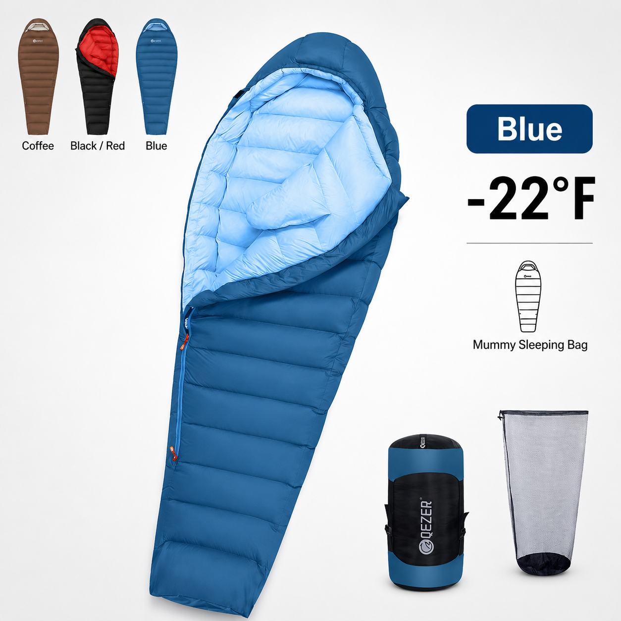 QEZER 650FP Four-Season Mummy Down Sleeping Bag for Camping, Hiking &amp; Backpacking