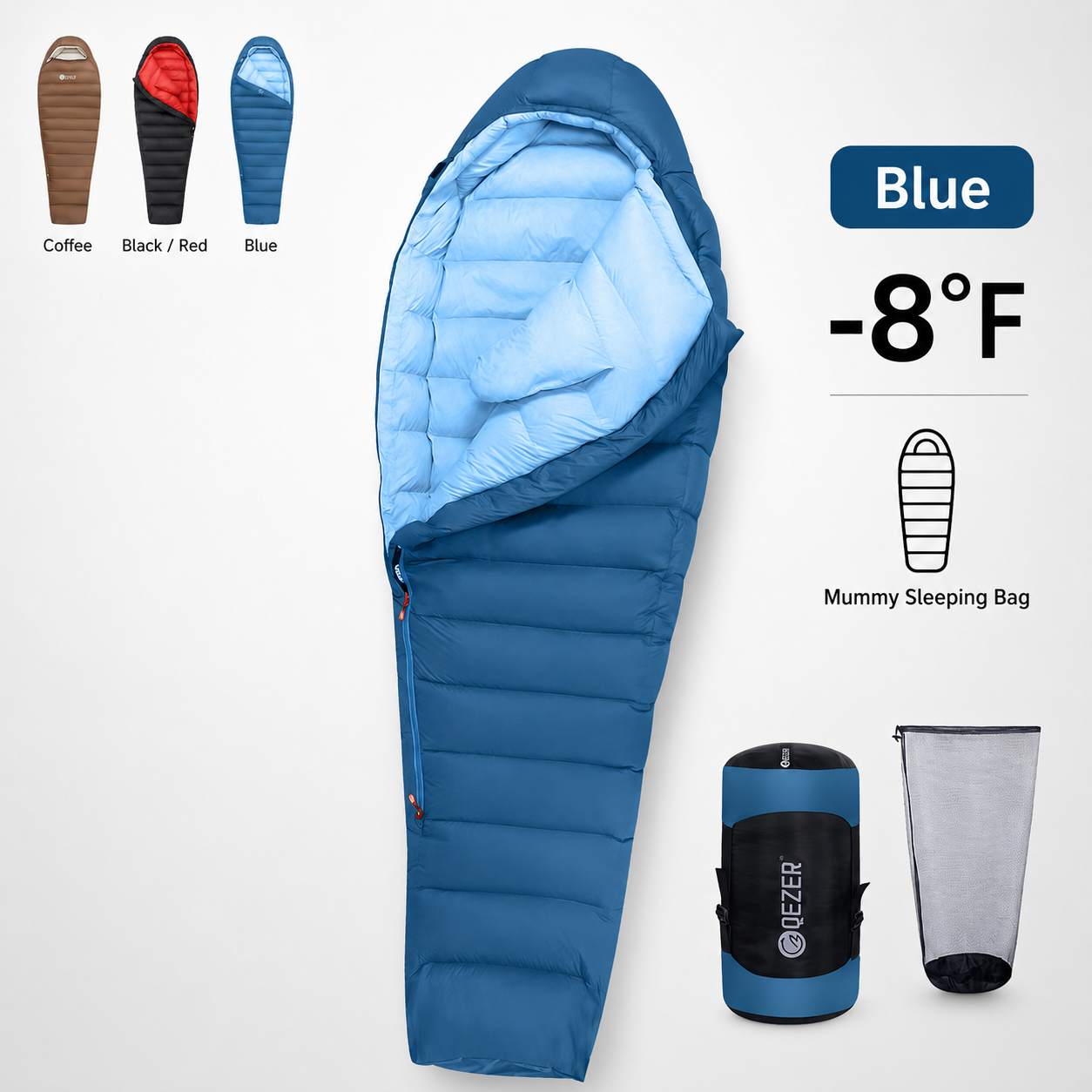 QEZER 650FP Four-Season Mummy Down Sleeping Bag for Camping, Hiking &amp; Backpacking