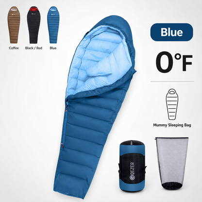 QEZER 650FP Four-Season Mummy Down Sleeping Bag for Camping, Hiking &amp; Backpacking