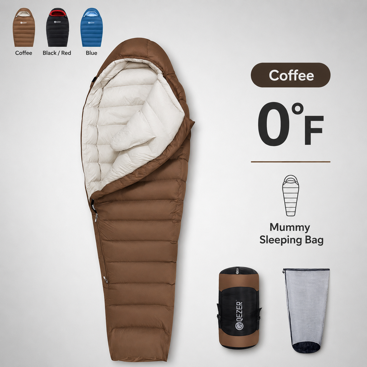 QEZER 650FP Four-Season Mummy Down Sleeping Bag for Camping, Hiking &amp; Backpacking