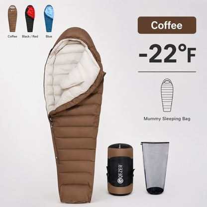 QEZER 650FP Four-Season Mummy Down Sleeping Bag for Camping, Hiking &amp; Backpacking