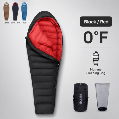 QEZER 650FP Four-Season Mummy Down Sleeping Bag for Camping, Hiking &amp; Backpacking