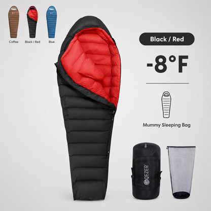 QEZER 650FP Four-Season Mummy Down Sleeping Bag for Camping, Hiking &amp; Backpacking