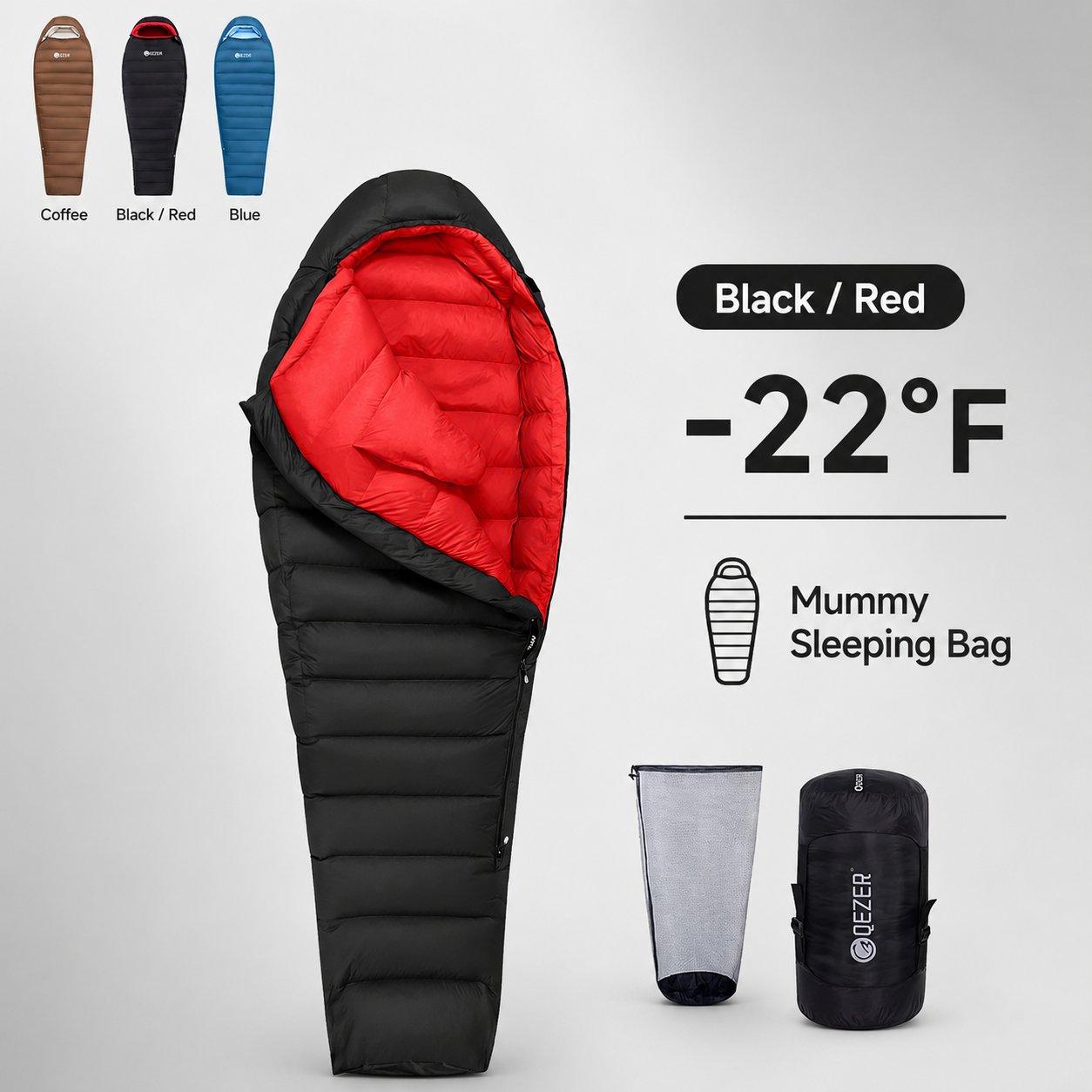 QEZER 650FP Four-Season Mummy Down Sleeping Bag for Camping, Hiking &amp; Backpacking
