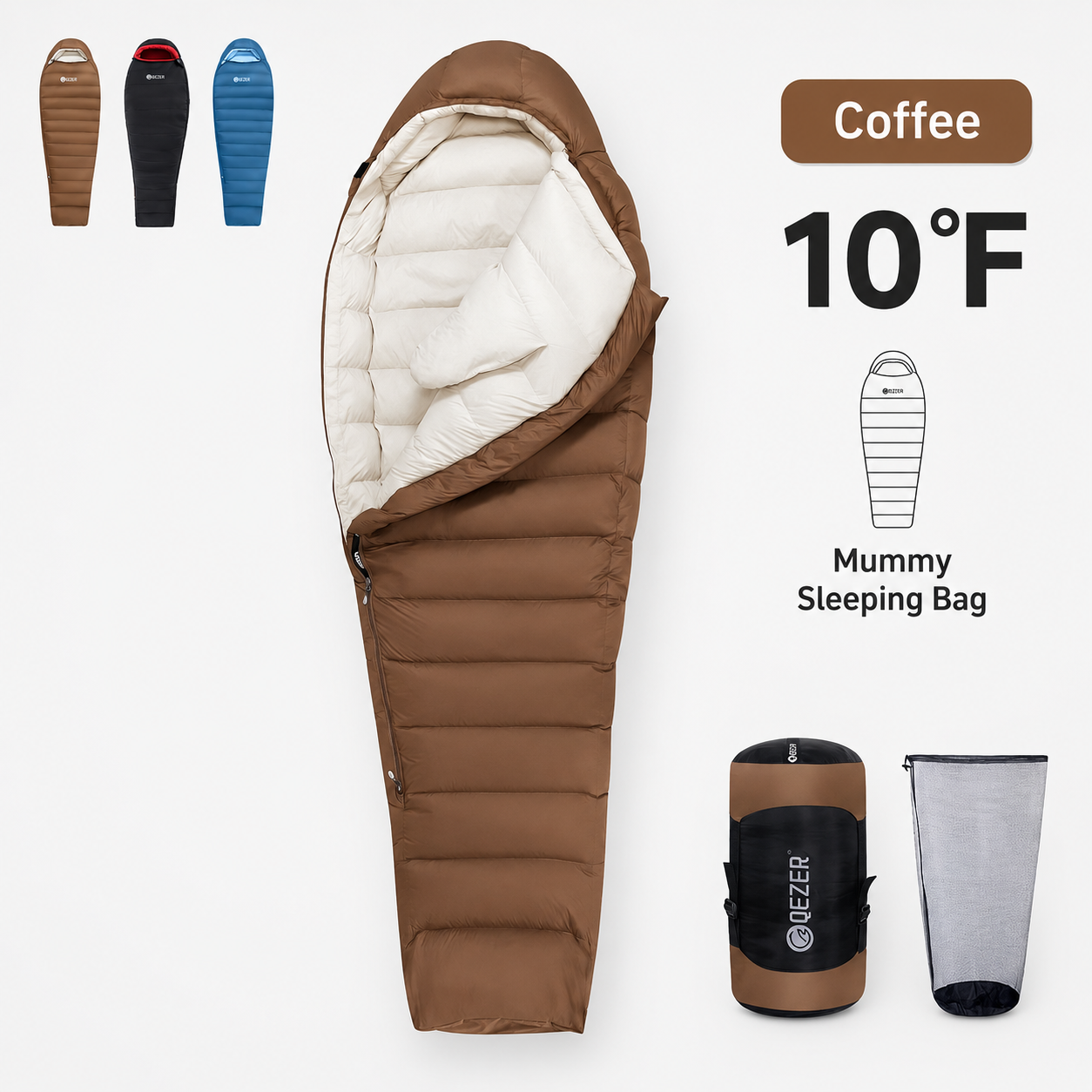 QEZER 650FP Four-Season Mummy Down Sleeping Bag for Camping, Hiking &amp; Backpacking