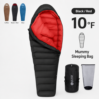 QEZER 650FP Four-Season Mummy Down Sleeping Bag for Camping, Hiking &amp; Backpacking