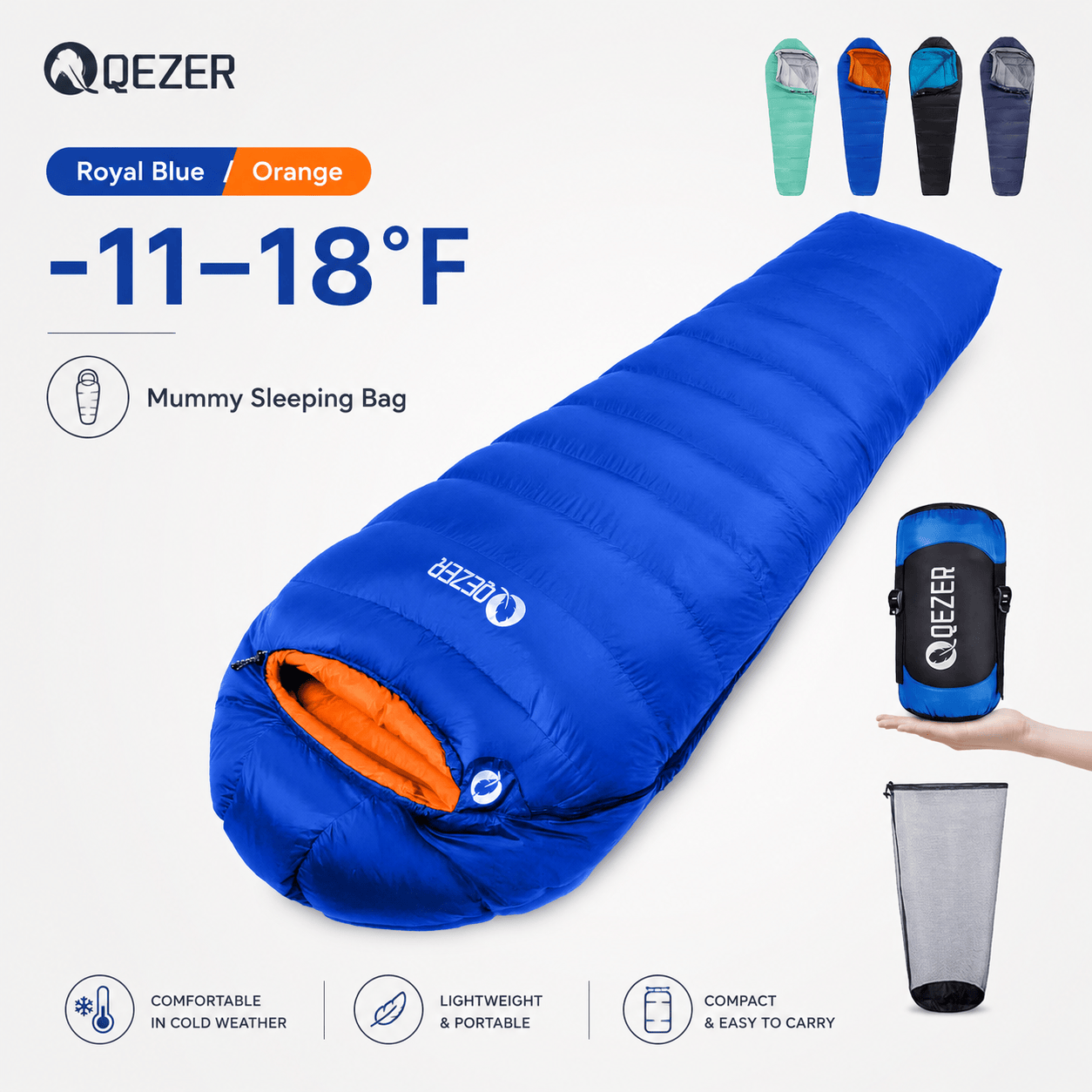QEZER Mummy Down Sleeping Bag | Multi-Temperature Camping Backpacking Sleeping Bag