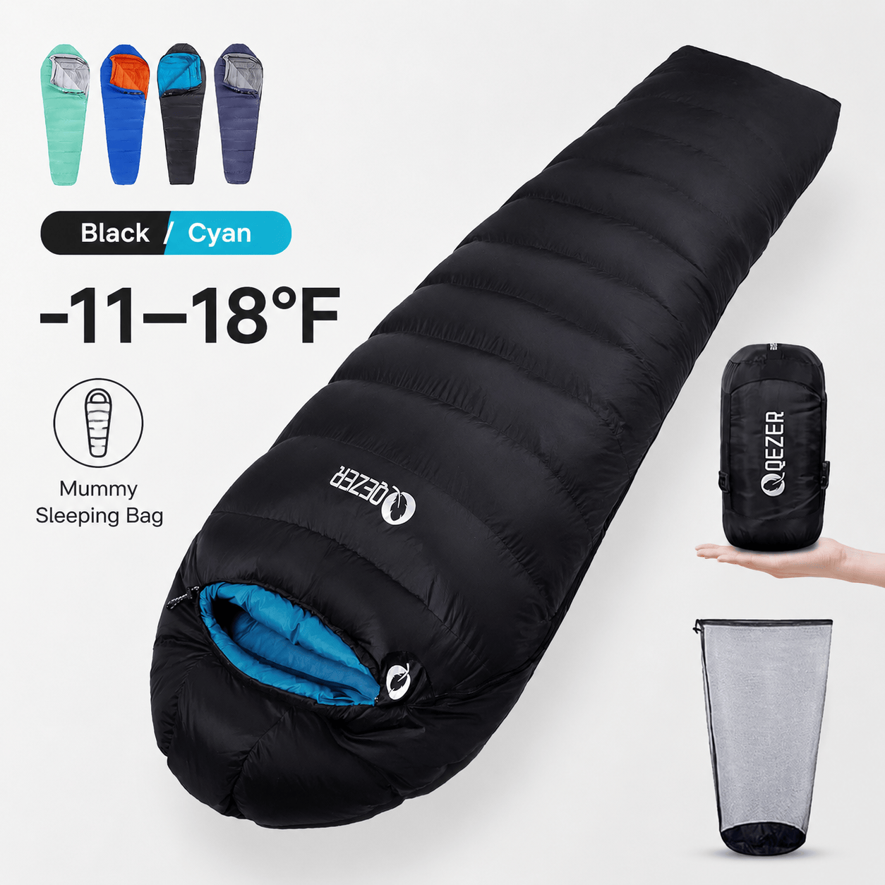 QEZER Mummy Down Sleeping Bag | Multi-Temperature Camping Backpacking Sleeping Bag