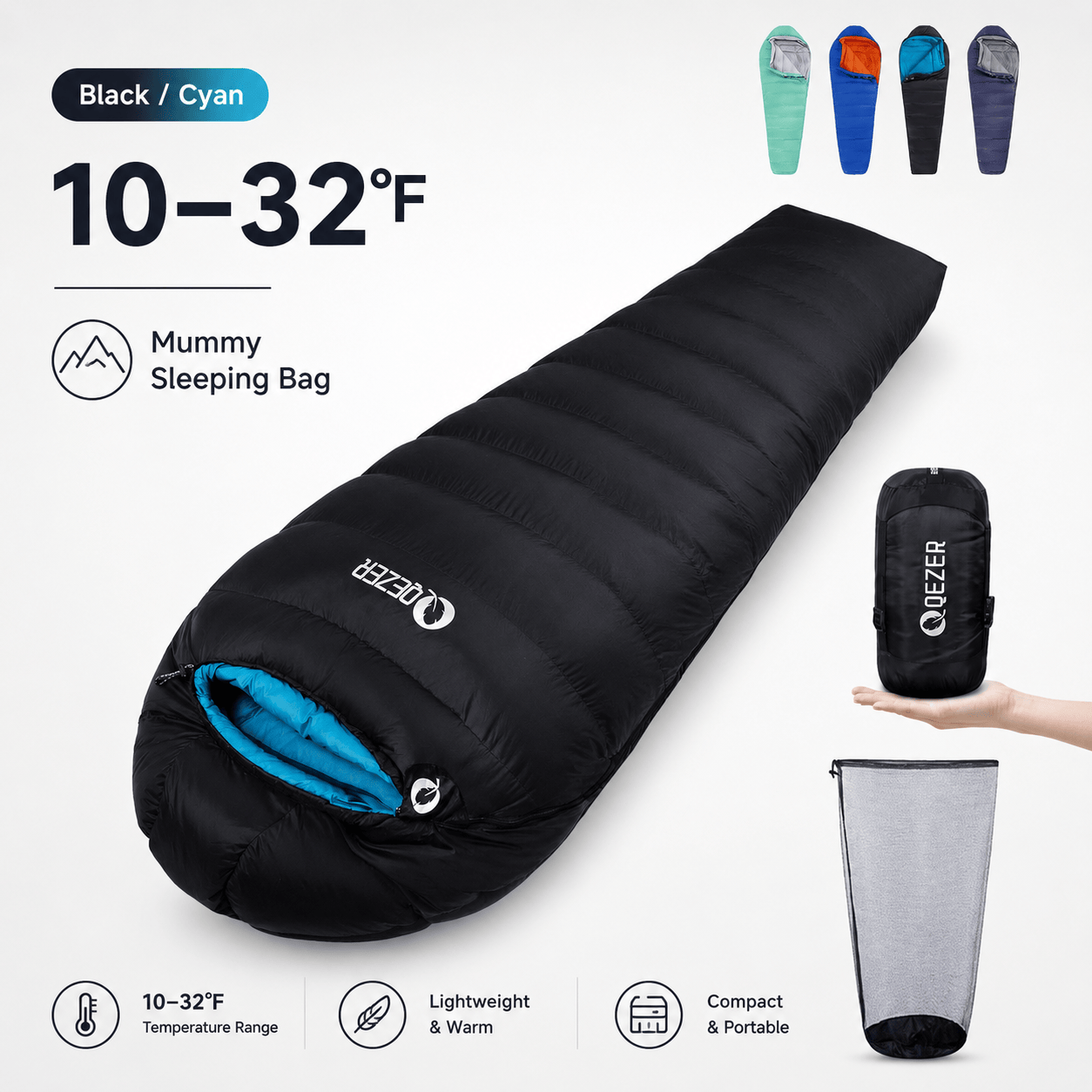 QEZER Mummy Down Sleeping Bag | Multi-Temperature Camping Backpacking Sleeping Bag