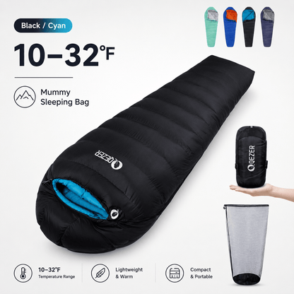 QEZER Mummy Down Sleeping Bag | Multi-Temperature Camping Backpacking Sleeping Bag