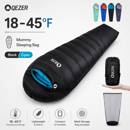 QEZER Mummy Down Sleeping Bag | Multi-Temperature Camping Backpacking Sleeping Bag