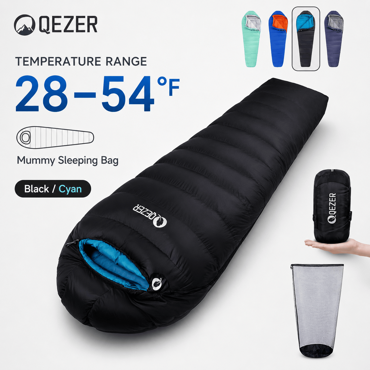 QEZER Mummy Down Sleeping Bag | Multi-Temperature Camping Backpacking Sleeping Bag