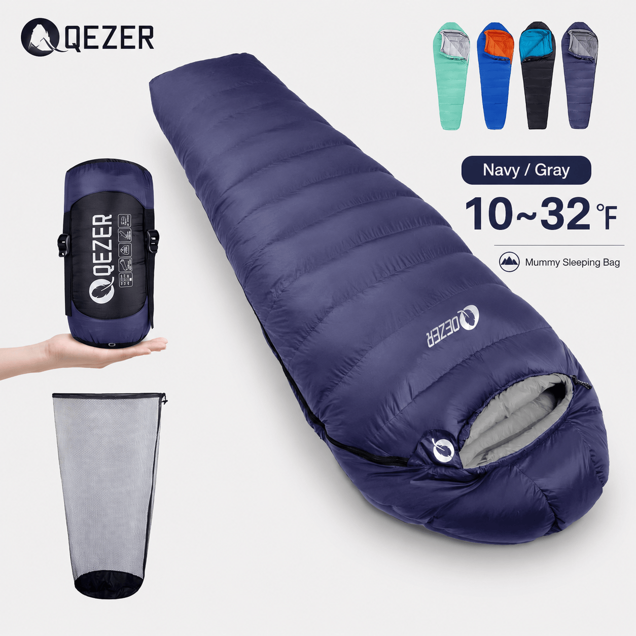 QEZER Mummy Down Sleeping Bag | Multi-Temperature Camping Backpacking Sleeping Bag