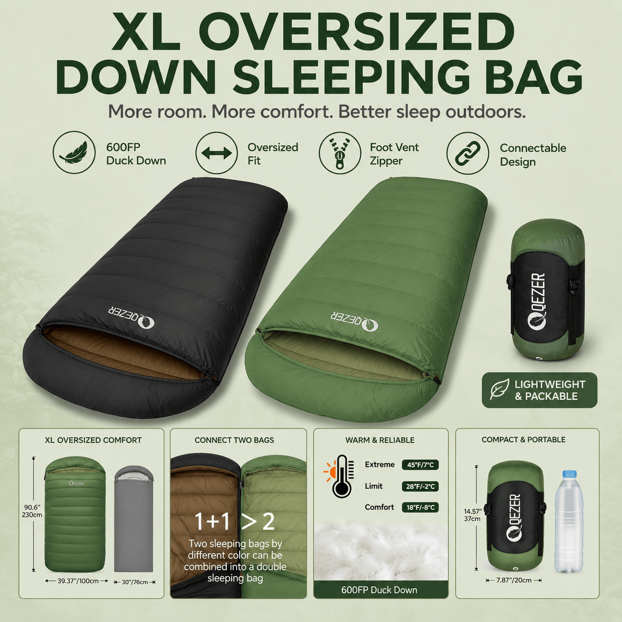 QEZER XL Down Sleeping Bag | Oversized 600FP Duck Down Camping Sleeping Bag