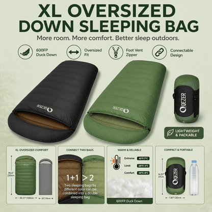 QEZER XL Down Sleeping Bag | Oversized 600FP Duck Down Camping Sleeping Bag