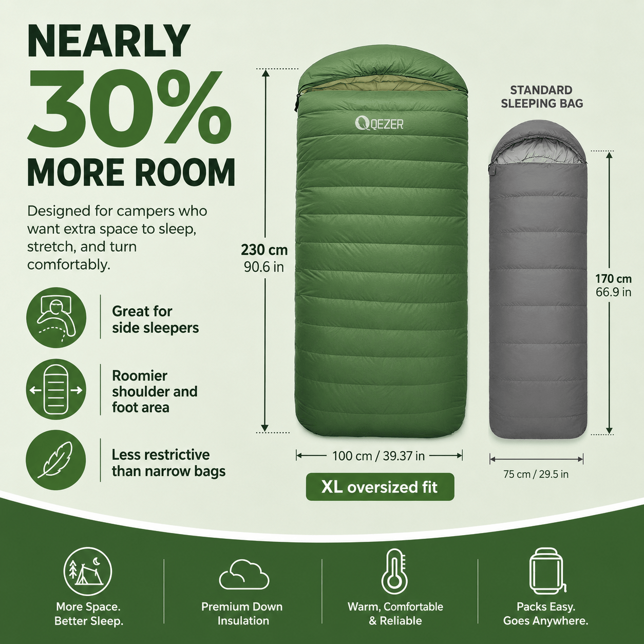 QEZER XL Down Sleeping Bag | Oversized 600FP Duck Down Camping Sleeping Bag