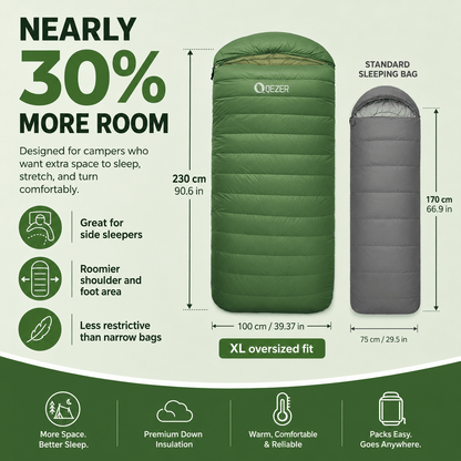 QEZER XL Down Sleeping Bag | Oversized 600FP Duck Down Camping Sleeping Bag