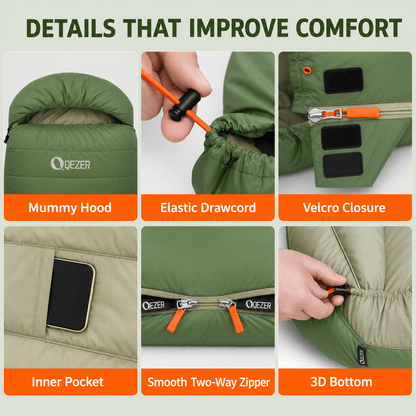 QEZER XL Down Sleeping Bag | Oversized 600FP Duck Down Camping Sleeping Bag