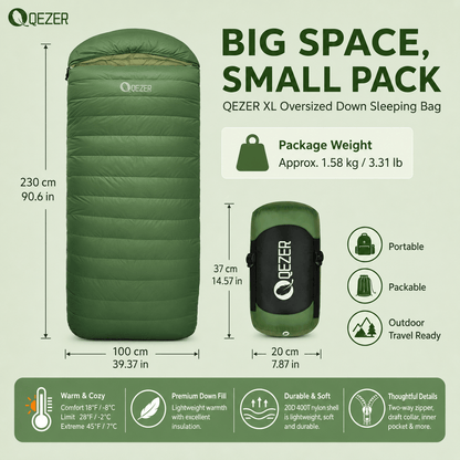 QEZER XL Down Sleeping Bag | Oversized 600FP Duck Down Camping Sleeping Bag
