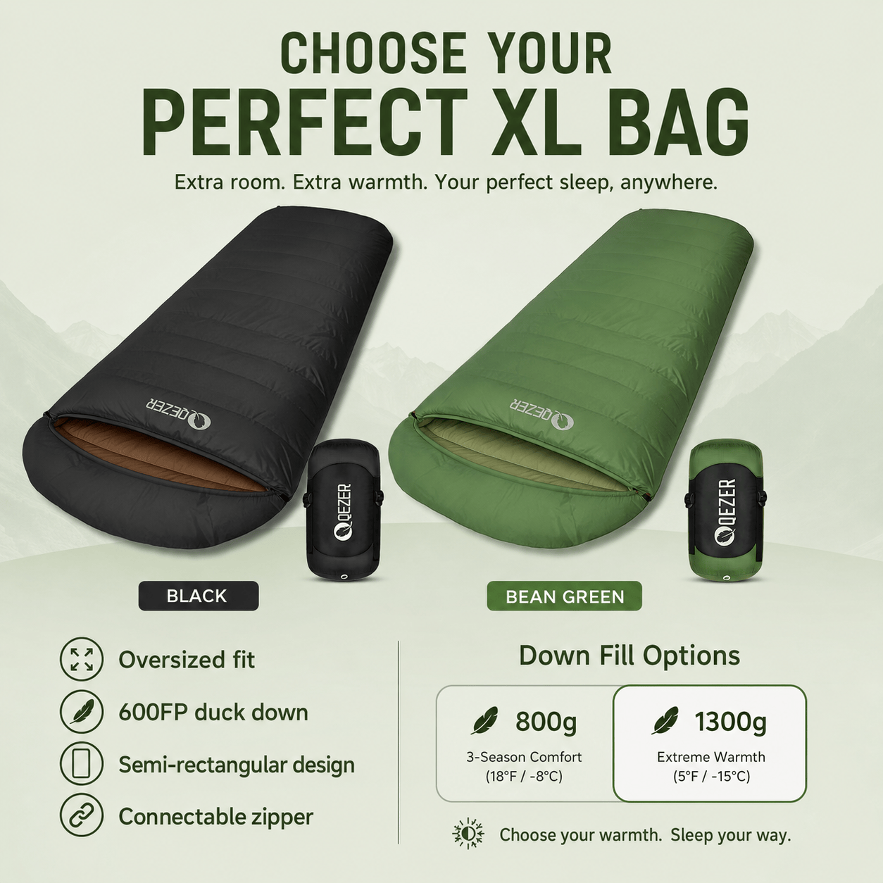 QEZER XL Down Sleeping Bag | Oversized 600FP Duck Down Camping Sleeping Bag