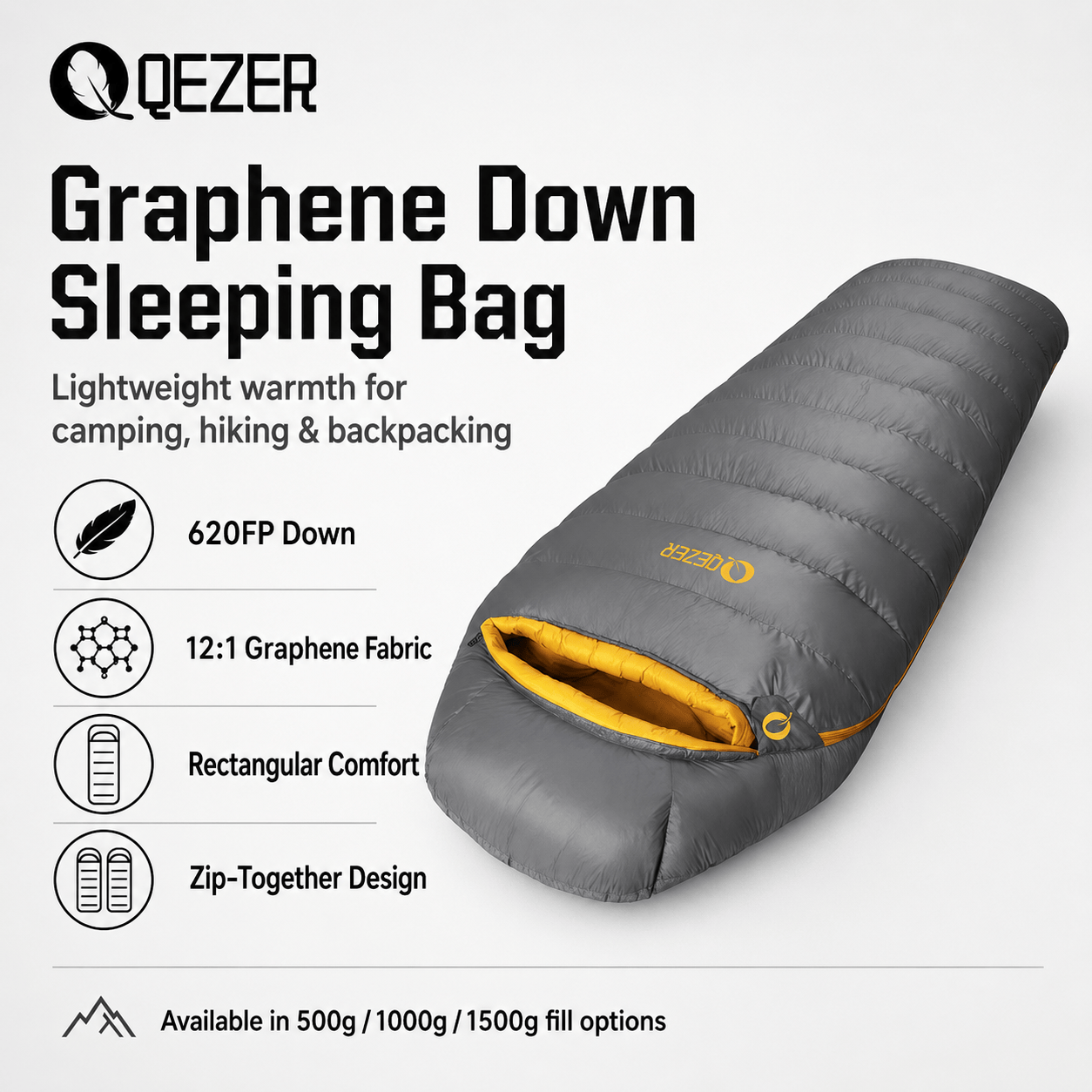 QEZER 620FP Graphene Down Sleeping Bag | Cold Weather Camping Sleeping Bag