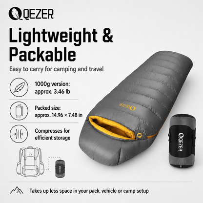 QEZER 620FP Graphene Down Sleeping Bag | Cold Weather Camping Sleeping Bag
