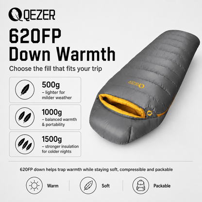 QEZER 620FP Graphene Down Sleeping Bag | Cold Weather Camping Sleeping Bag
