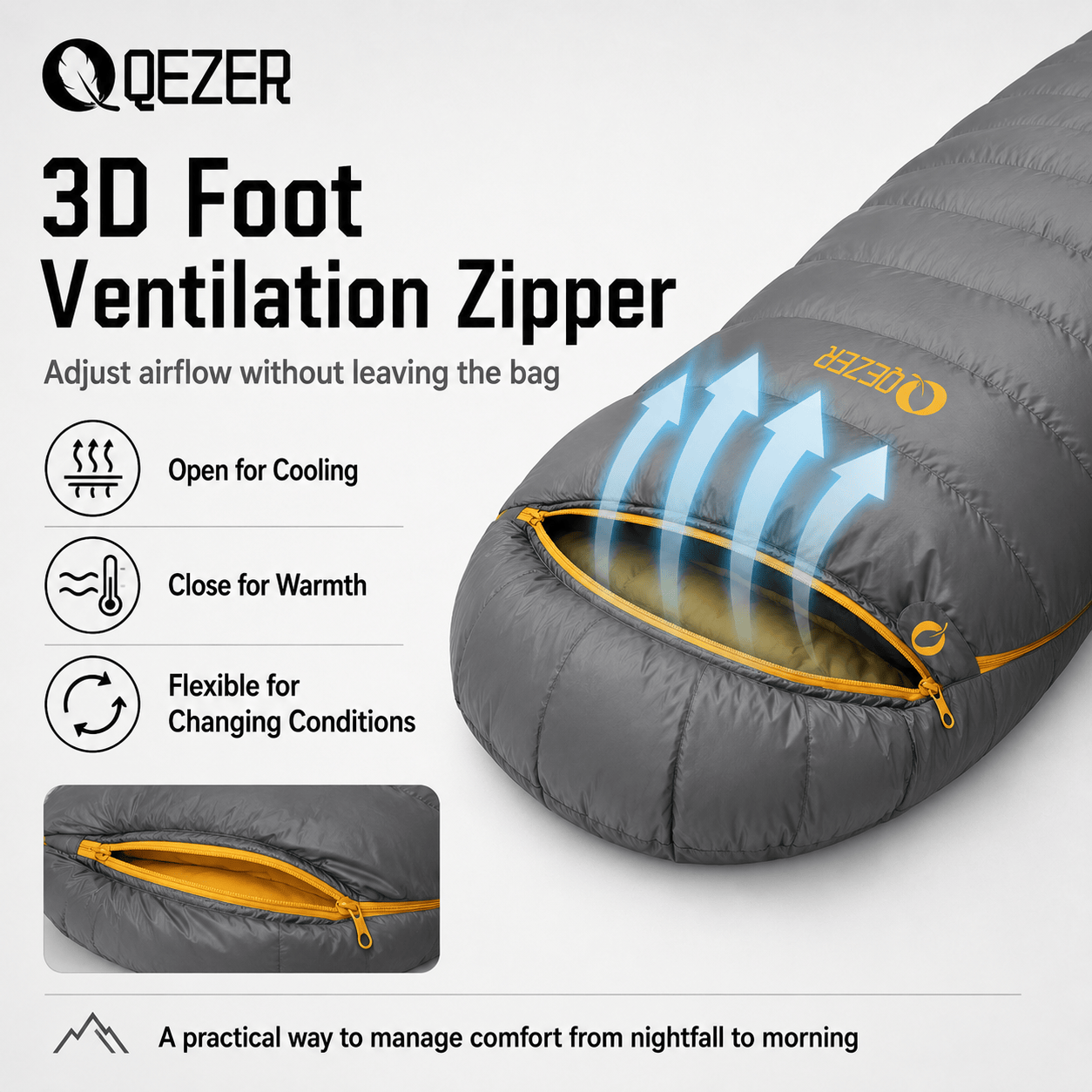 QEZER 620FP Graphene Down Sleeping Bag | Cold Weather Camping Sleeping Bag