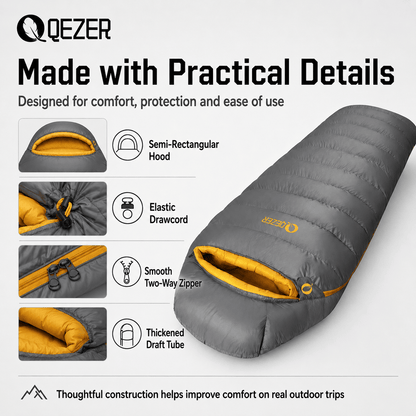 QEZER 620FP Graphene Down Sleeping Bag | Cold Weather Camping Sleeping Bag
