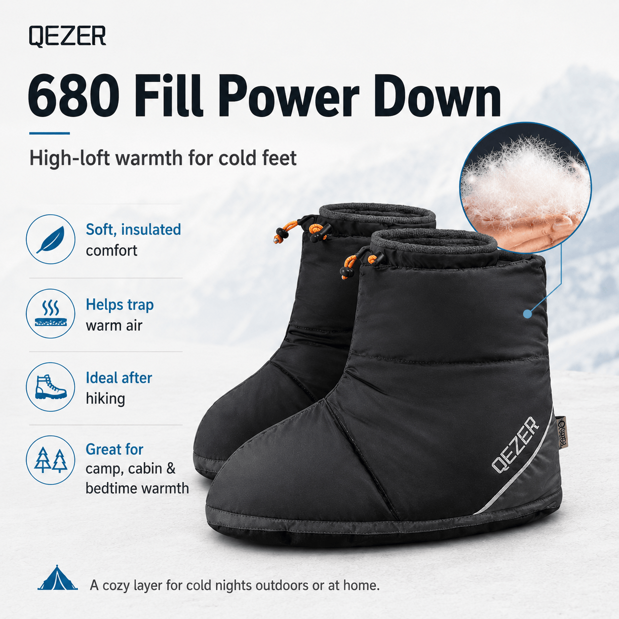 QEZER Down Booties | Warm Camping Foot Warmers for Men and Women