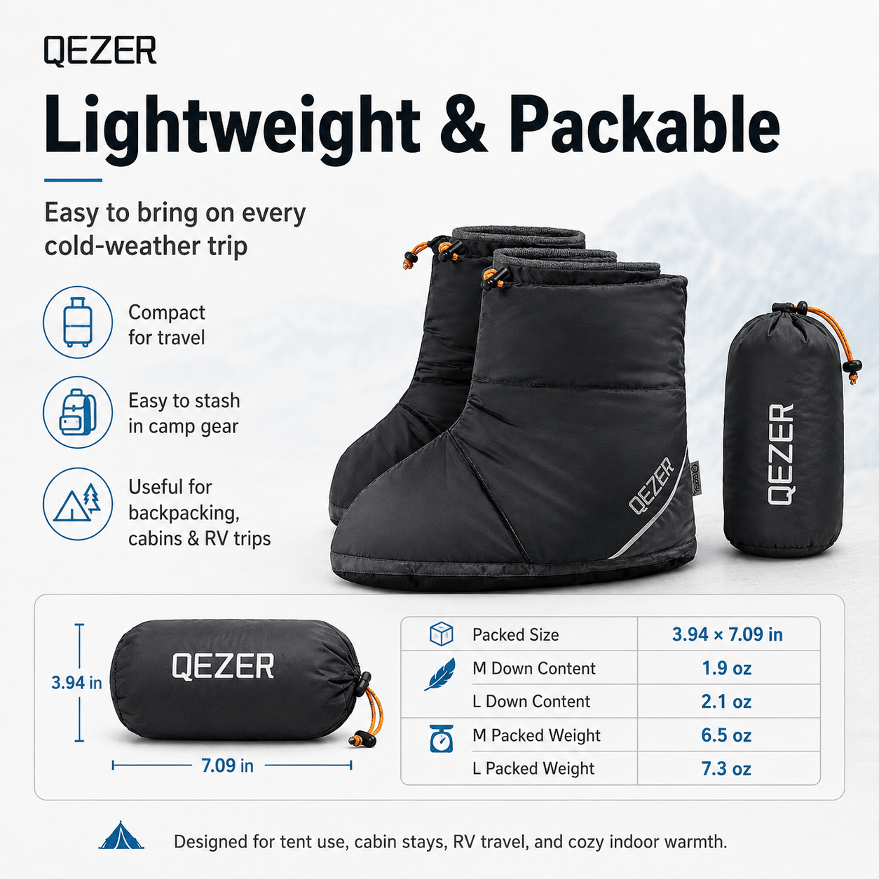 QEZER Down Booties | Warm Camping Foot Warmers for Men and Women