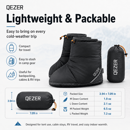 QEZER Down Booties | Warm Camping Foot Warmers for Men and Women