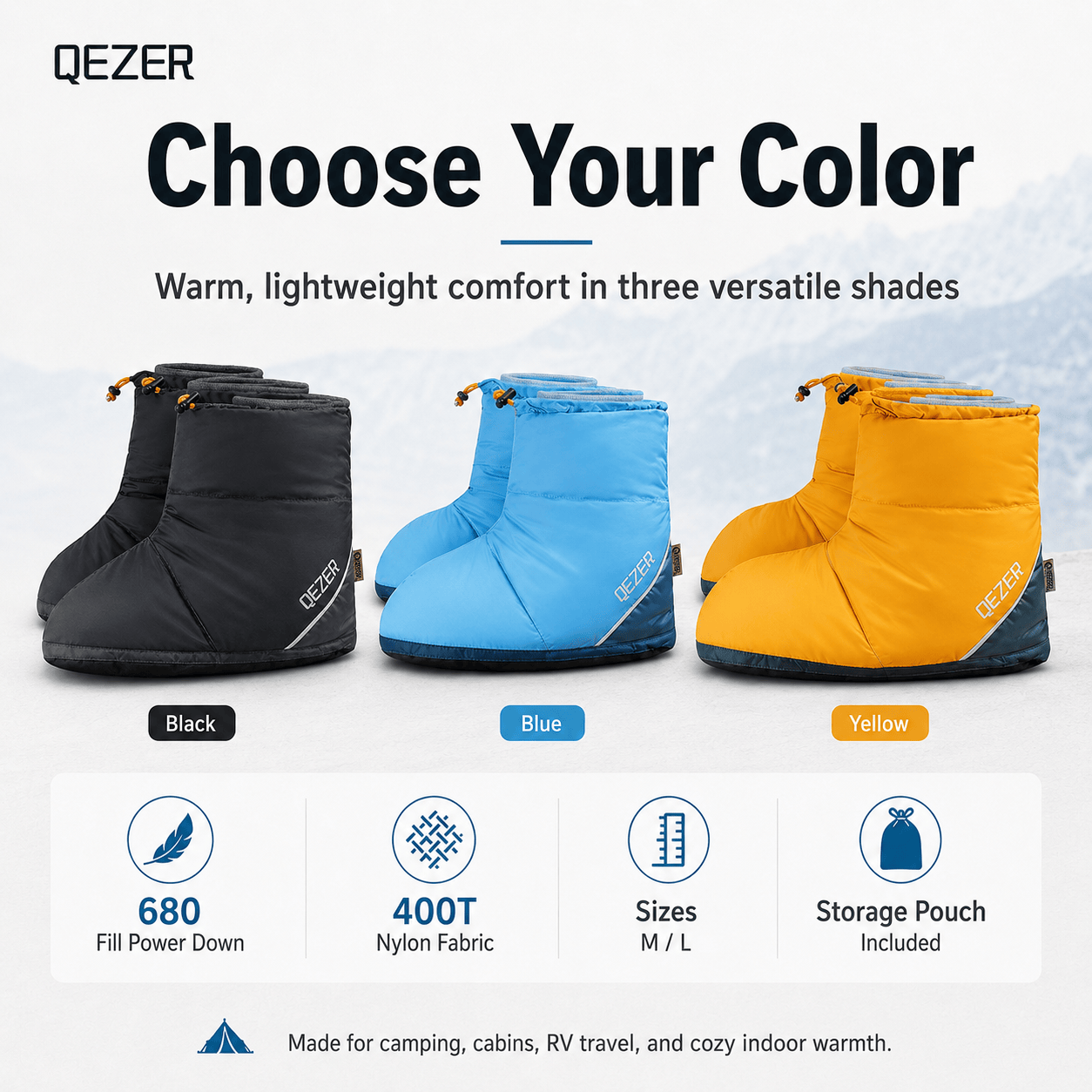 QEZER Down Booties | Warm Camping Foot Warmers for Men and Women