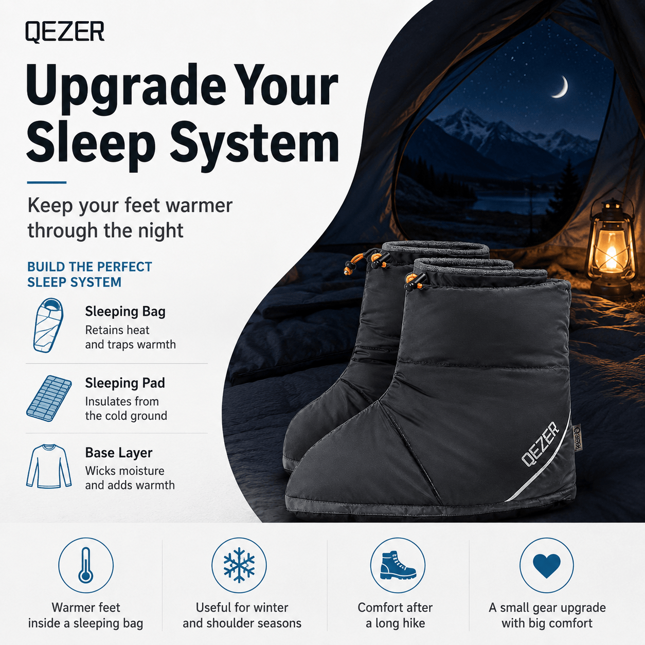 QEZER Down Booties | Warm Camping Foot Warmers for Men and Women