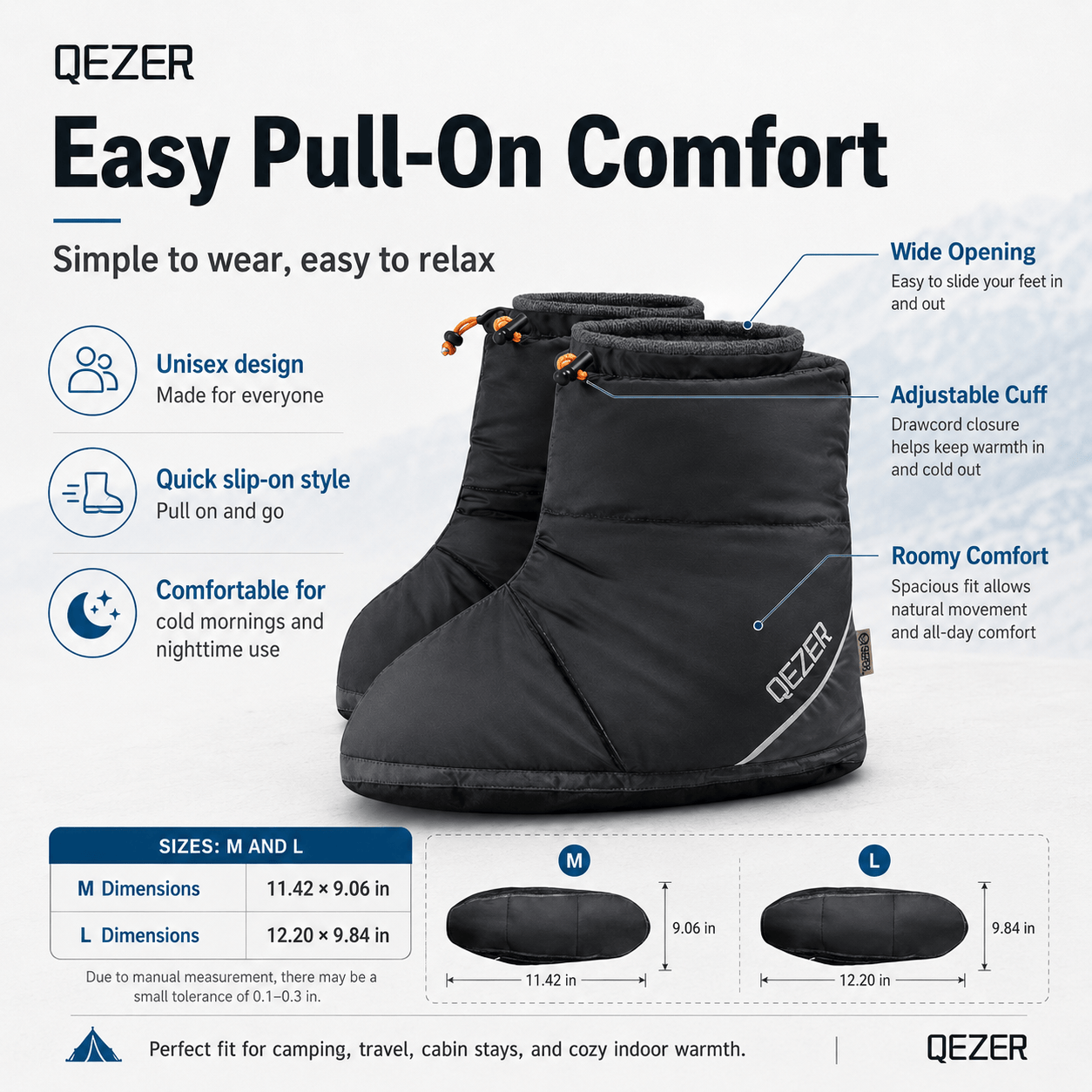 QEZER Down Booties | Warm Camping Foot Warmers for Men and Women
