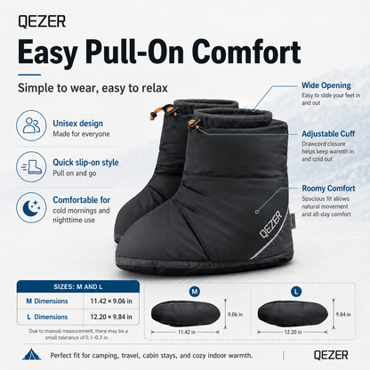 QEZER Down Booties | Warm Camping Foot Warmers for Men and Women