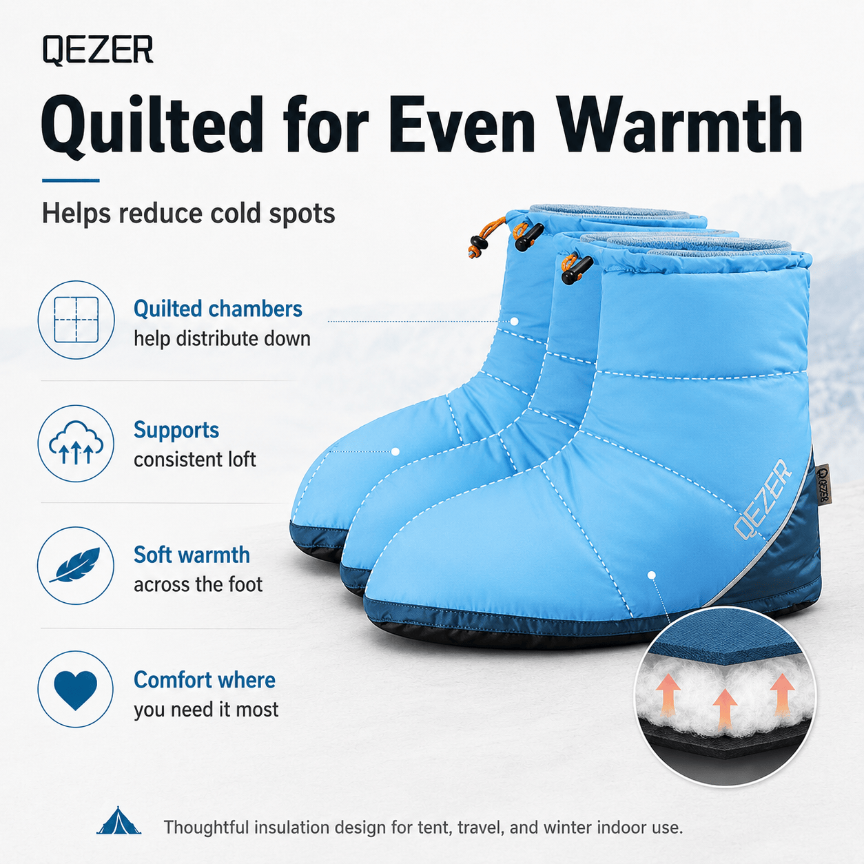 QEZER Down Booties | Warm Camping Foot Warmers for Men and Women