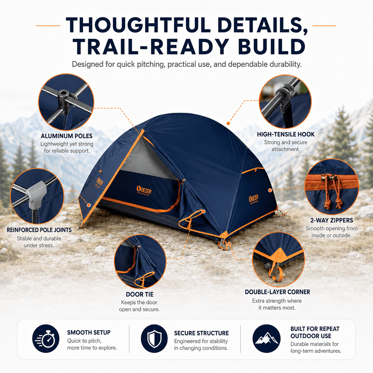 1.5 person tent QEZER Camping Tent 1/2 Person Waterproof Backpacking Tent for Camping,  Hiking and Backpacking