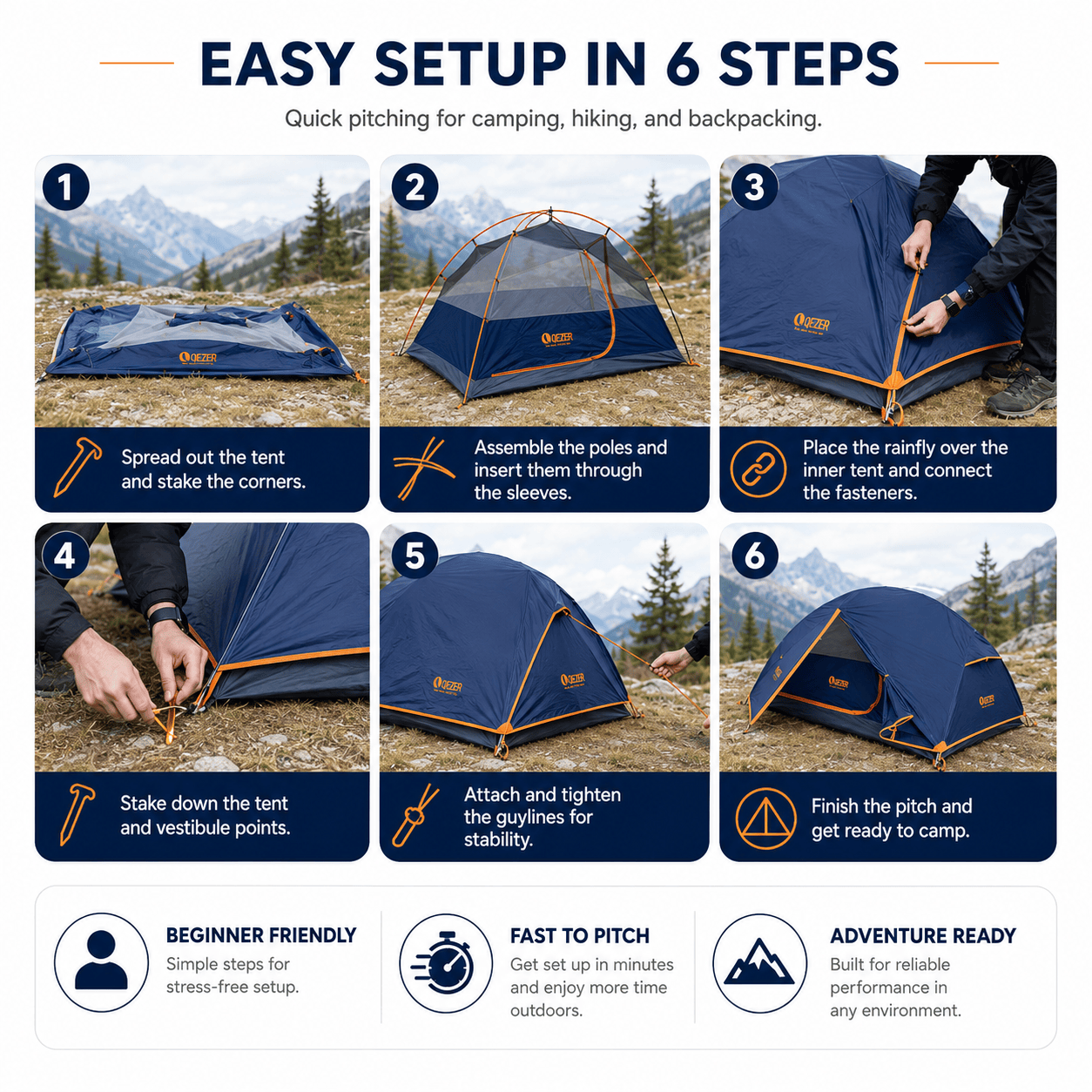 easy camping tent QEZER Camping Tent 1/2 Person Waterproof Backpacking Tent for Camping, – Qezer Outdoor