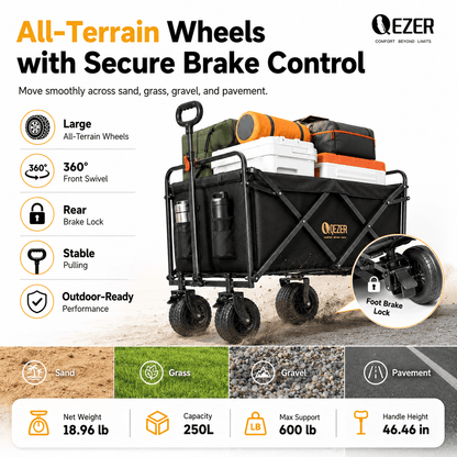 QEZER 250L Collapsible Folding Wagon with Tailgate & Brake