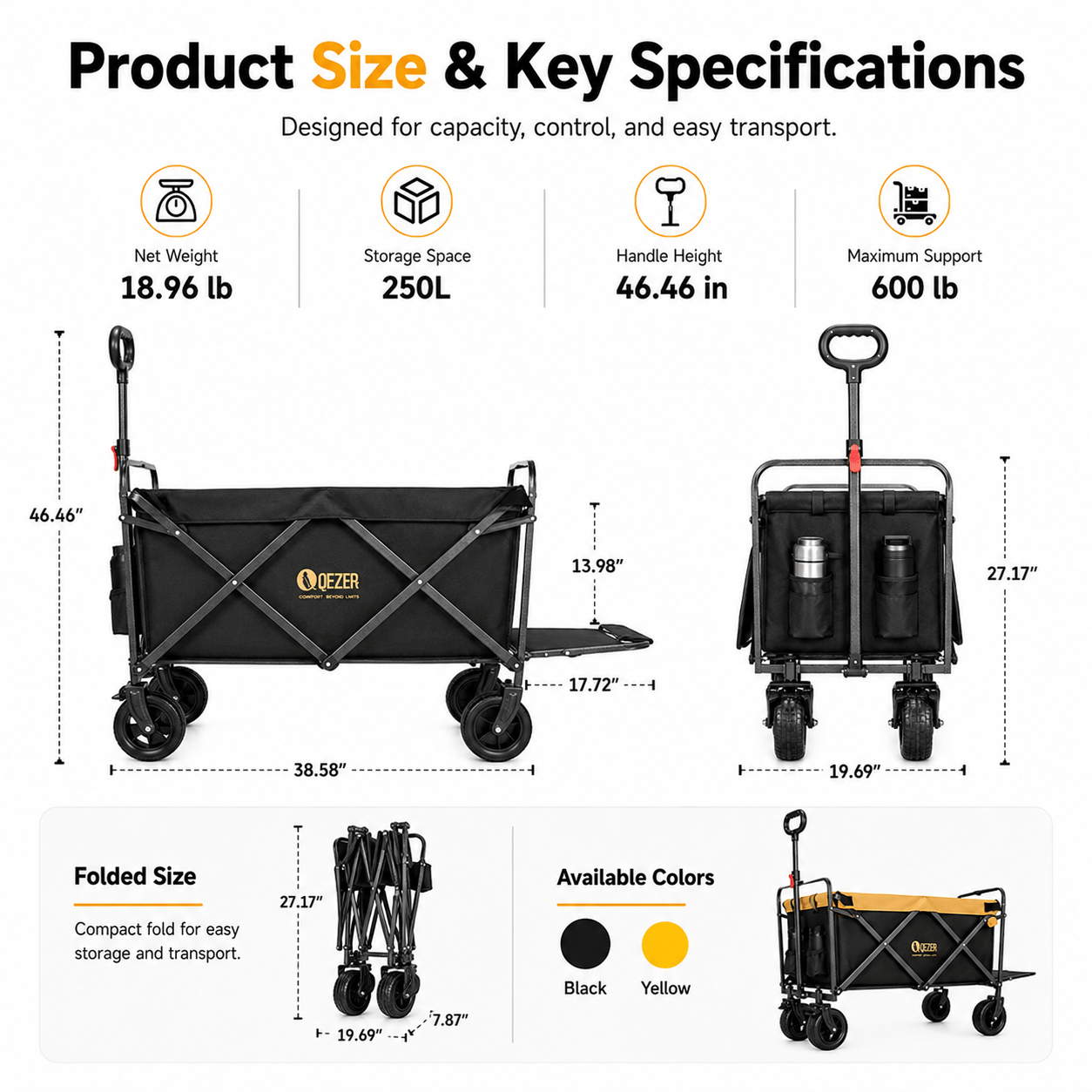 QEZER 250L Collapsible Folding Wagon with Tailgate & Brake