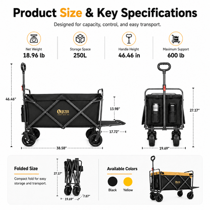 QEZER 250L Collapsible Folding Wagon with Tailgate & Brake