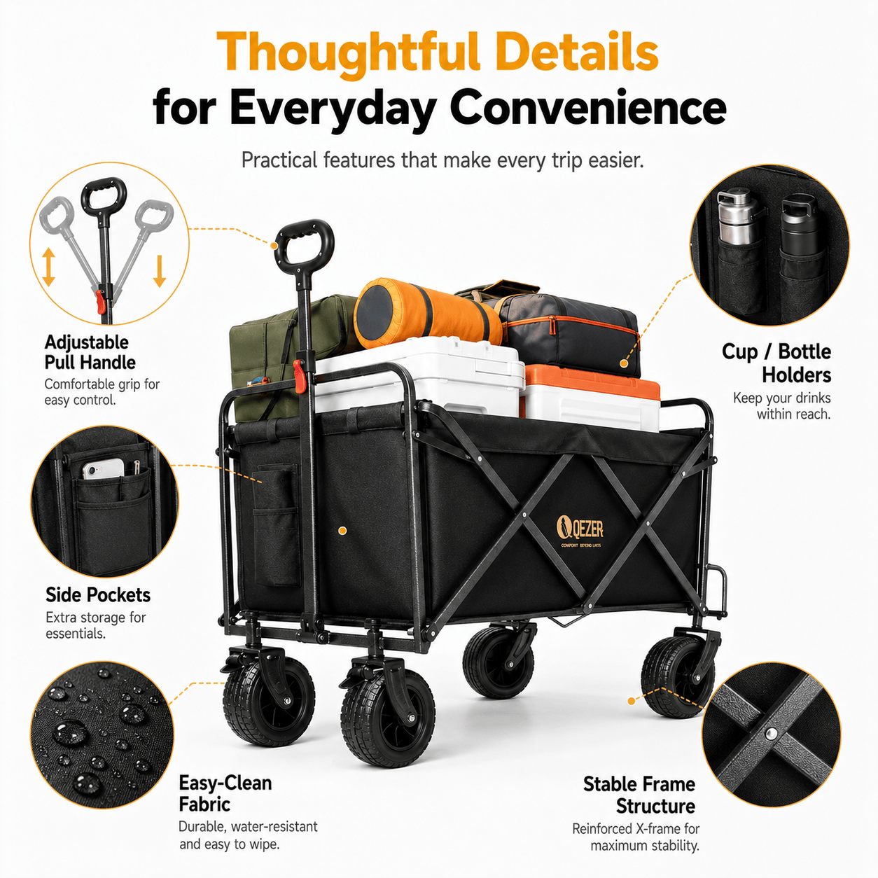 QEZER 250L Collapsible Folding Wagon with Tailgate & Brake
