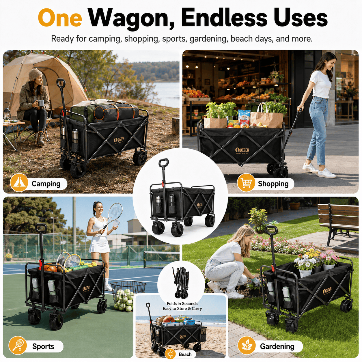 QEZER 250L Collapsible Folding Wagon with Tailgate & Brake