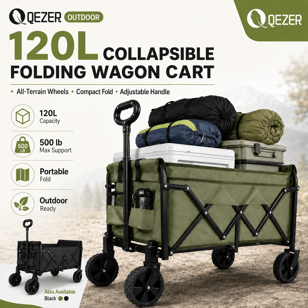 QEZER 120L Collapsible Folding Wagon Cart with All-Terrain Wheels