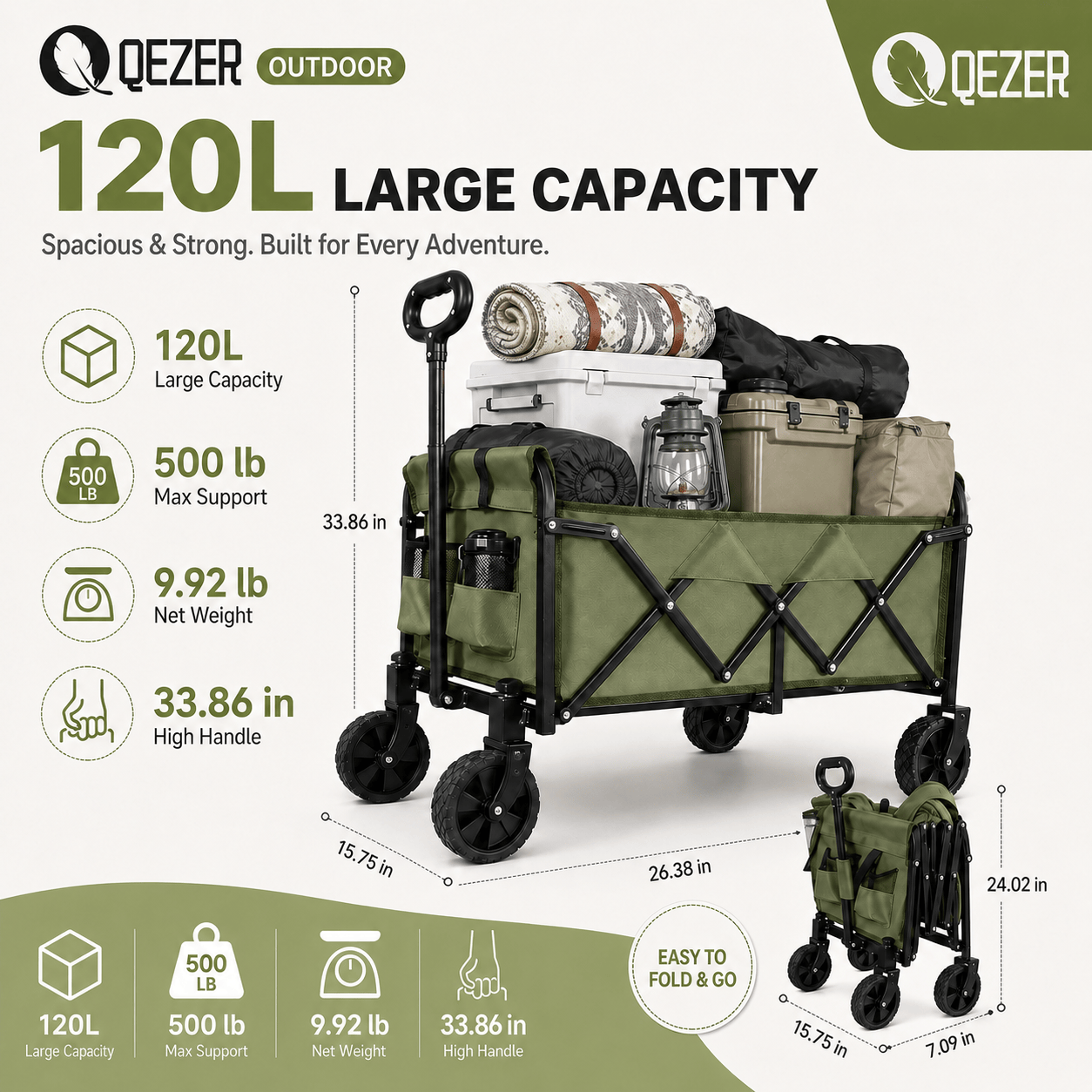 QEZER 120L Collapsible Folding Wagon Cart with All-Terrain Wheels