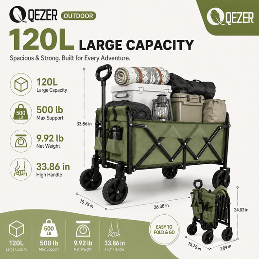 QEZER 120L Collapsible Folding Wagon Cart with All-Terrain Wheels
