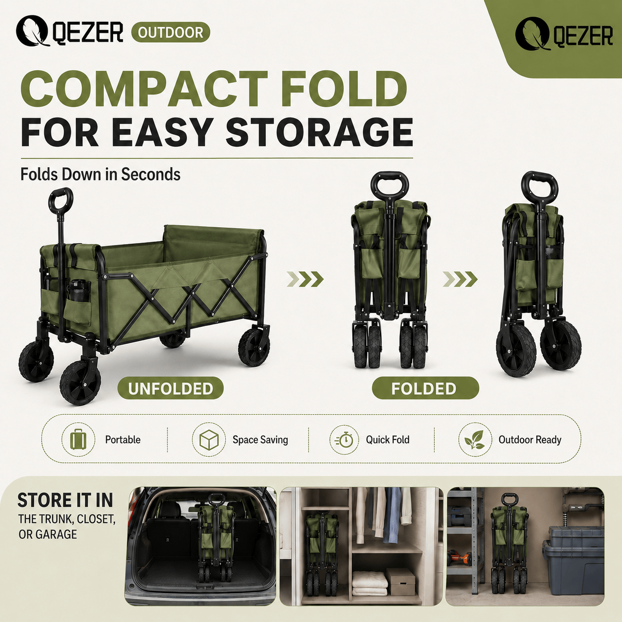 QEZER 120L Collapsible Folding Wagon Cart with All-Terrain Wheels