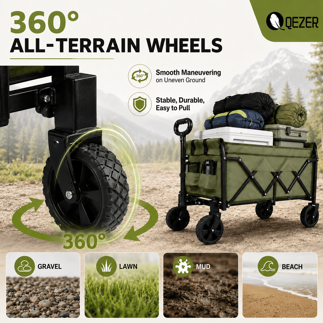 QEZER 120L Collapsible Folding Wagon Cart with All-Terrain Wheels